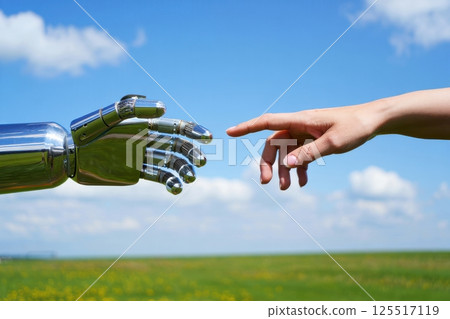 A human hand reaches toward a metallic robotic hand in a green field. The bright sky and fluffy clouds create a serene backdrop for this symbolic moment of unity and progress. A human hand reaches toward a metallic robotic hand in a green field. The bright sky and fluffy clouds create a serene backdrop for this symbolic moment of unity and progress. 125517119