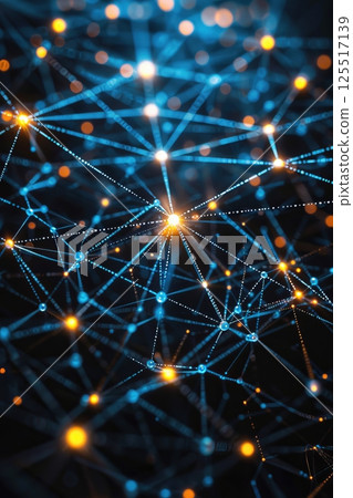 This illustration depicts the dynamic flow of digital connections with vibrant nodes and lines representing data exchange and vital network hubs for modern communication. 125517139