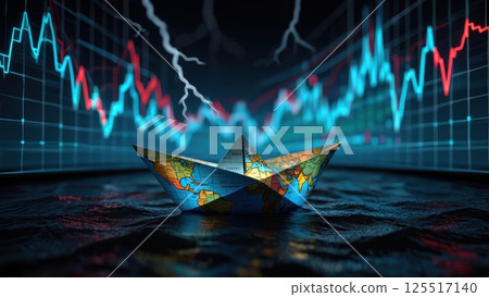A paper boat crafted from a map floats on dark waters symbolizing the journey through financial uncertainty. Navigating through turbulent waters of the global economy A paper boat crafted from a map floats on dark waters symbolizing the journey through financial uncertainty. Navigating through turbulent waters of the global economy 125517140