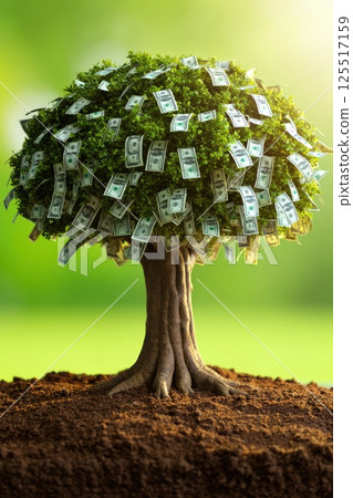 A vibrant tree flourishes in a bright landscape adorned with dollar bills among its leaves symbolizing prosperity and wealth. Money tree growing in a lush green environment with sunlight shining down 125517159