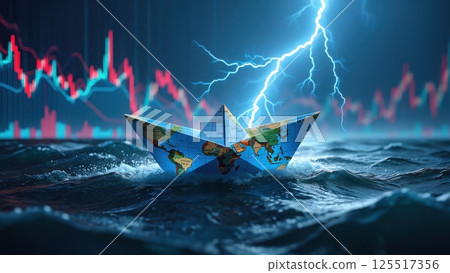 A paper boat made of a world map floats on stormy waters amid electric lightning symbolizing the challenges and unpredictability of global economic currents during a crisis. A paper boat made of a world map floats on stormy waters amid electric lightning symbolizing the challenges and unpredictability of global economic currents during a crisis. 125517356