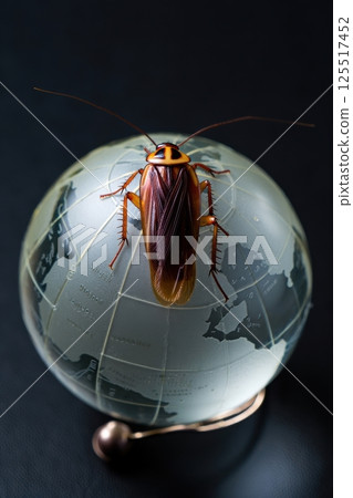 A vivid cockroach perched atop a translucent globe intricately designed with a world map. The juxtaposition of nature and travel creates a captivating visual experience. 125517452