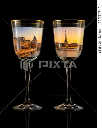 Two exquisite wine glasses feature stunning images of the Eiffel Tower and other iconic Paris sites illuminated by the warm golden hues of the setting sun capturing a romantic atmosphere. 125517454