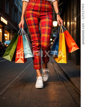 Brightly colored shopping bags sway as a stylish individual strolls down a bustling street in the evening. The vibrant plaid pants add a playful touch to the urban atmosphere. Brightly colored shopping bags sway as a stylish individual strolls down a bustling street in the evening. The vibrant plaid pants add a playful touch to the urban atmosphere. 125517455