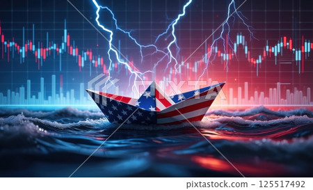 A small boat drifts through turbulent waves its sails featuring vibrant flags. A small boat drifts through turbulent waves its sails featuring vibrant flags. 125517492