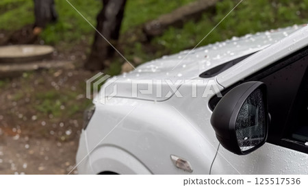 A white vehicle is parked near a cluster of trees while a hailstorm occurs, leaving small ice pellets on the surface and ground, creating a distinct weather condition. 125517536
