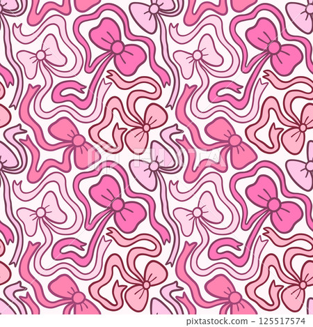Cute vector seamless pattern with pink fun bows in coquette style, playful wavy ribbon illustration background Cute vector seamless pattern with pink fun bows in coquette style, playful wavy ribbon illustration background 125517574
