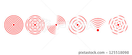 Pain localization or target icons. Sore, hurt, ache or inflammation symbols. Pulse or radiation signs. Wi-fi, radio or sound signal pictograms isolated on white background. Vector flat illustration 125518098