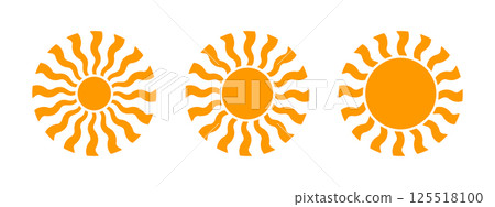 Set of groovy sun or daisy flower silhouettes isolated on background. Sunburst, sunshine or sunlight signs. Summer theme symbols. Modern positive vibes pictograms. Vector flat illustration 125518100
