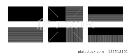 Set of black whole, streaked and half-striped rectangle geometric shapes isolated on white background. Blinds or shutters silhouette. Minimalistic design elements. Vector graphic illustration 125518101