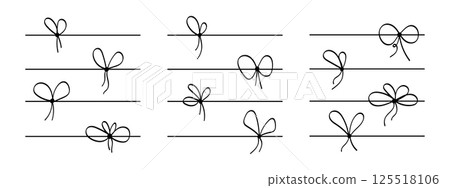 Lines with bows for gift packaging. Set of strips with coquette knots for present boxes isolated on white background. Doodle decorative elements for festive cards or banners. Vector illustration Lines with bows for gift packaging. Set of strips with coquette knots for present boxes isolated on white background. Doodle decorative elements for festive cards or banners. Vector illustration 125518106