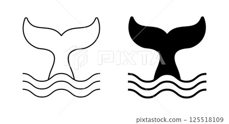 Whale or mermaid tail icons. Black and white cetacean animal fin silhouettes. Dolphin, orca, beluga or another marine mammal symbol. Maritime theme emblem. Vector graphic illustration Whale or mermaid tail icons. Black and white cetacean animal fin silhouettes. Dolphin, orca, beluga or another marine mammal symbol. Maritime theme emblem. Vector graphic illustration 125518109