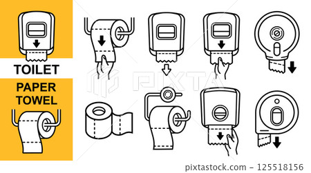 Toilet paper towel dispenser in public restroom, clean napkin tissue roll holder on WC lavatory wall line icon. Soft hygiene skin care sheet container in washroom. Wipe wet hand after washing vector 125518156