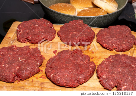 Fresh, raw hamburger patties on a wooden cutting board, ready for cooking. The texture and arrangement highlight the simplicity of burger preparation. 125518157