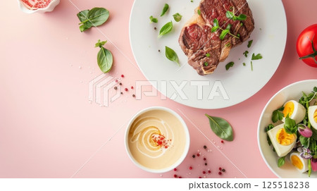 Beef tenderloin steak grill with parsley, tomato and sauce 125518238