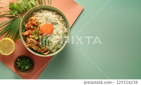 Chicken rice bow with egg, sesame parsley, tomato and sauce 125518239