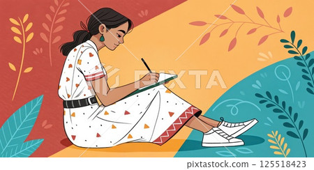 Indian woman writing and drawing in notebook, surrounded by colorful foliage 125518423