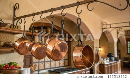 Copper pots dangle from wrought iron hooks adding a touch of elegance and practicality as their gleaming surfaces reflect the gentle light. The arrangement enhances the earthy. 125518532