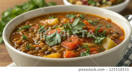 Lentil Soup A closeup of a warm thick lentil soup garnished with fresh herbs. The soup is rich in texture and color displaying a variety of lentils and vegetables simmered to. 125518533