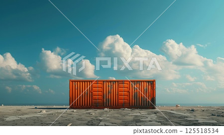 A shipping container stands alone on a deserted beach representing the impact of container shortages on isolated regions of the world 125518534