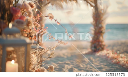Soft focus on a beautifully decorated altar surrounded by a dreamy wedding setting on the beach 125518573