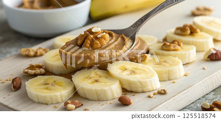Nut Butter and Sliced Banana A close shot of a sful of walnut butter being spread on banana slices. The creamy nut butter contrasts with the soft banana showcasing a delicious way. 125518574