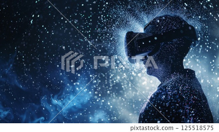 A person wearing a virtual reality suit completely covered in virtual particles creating a unique and immersive experience 125518575
