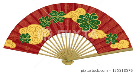 Twisting Silk Design A diagonal fan with red and yellow hues elegantly embroidered with a twisting green s symbols of luck navigating through curves and turns.. 125518576