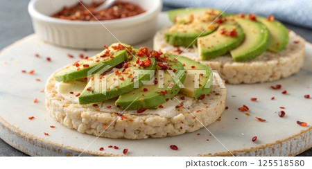 Rice Cakes with Toppings A pair of rice cakes topped with avocado slices and a dash of chili flakes demonstrating a light healthy snack option.. 125518580