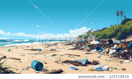 A garbagestrewn beach serves as a reminder of the devastating impact of improper waste disposal on coastal ecosystems and marine life 125518618