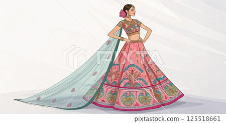 Indian woman wearing traditional lehenga choli dress and dupatta 125518661