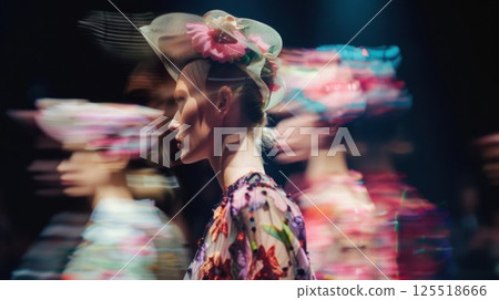 The runway fades into a soft blur as the models stand still the focus solely on their impeccable outfits The runway fades into a soft blur as the models stand still the focus solely on their impeccable outfits 125518666