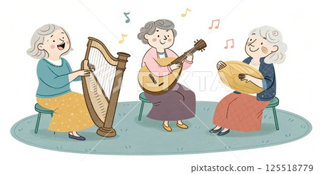 Senior women playing musical instruments, creating harmony together Senior women playing musical instruments, creating harmony together 125518779