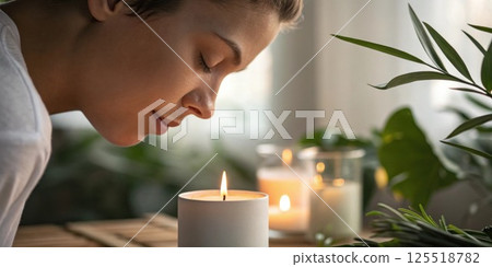 A closeup of a person taking a slow intentional inhalation with their eyes focused on a calming object such as a plant or a candle. The soft lighting enhances the peaceful ambiance. 125518782