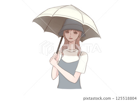 Illustration of a stylish woman using a parasol and hat to protect herself from UV rays 125518804