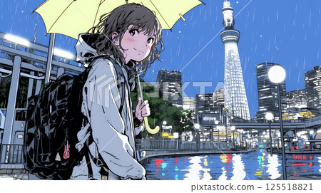 A woman walking in the rain and an urban landscape 125518821