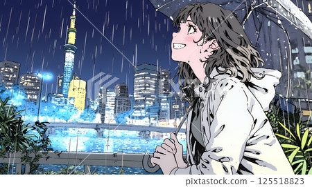 一名女子在雨中行走，城市景觀 125518823