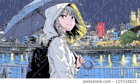 一名女子在雨中行走,城市景觀 一名女子在雨中行走,城市景觀 125518825