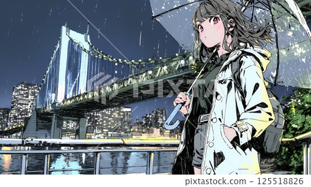 一名女子在雨中行走,城市景觀 一名女子在雨中行走,城市景觀 125518826