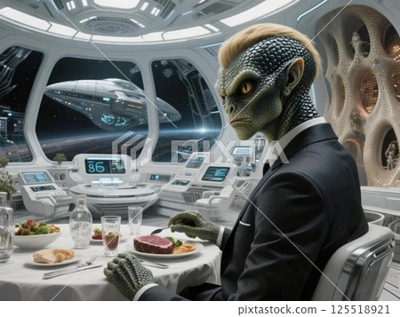 爬蟲類在太空船上進食 爬蟲類在太空船上進食 125518921