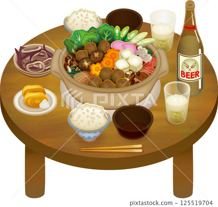 餐桌上擺著火鍋的插圖 125519704