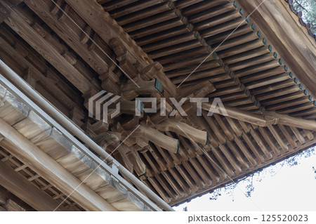 The beams and rafters of the roof of the Zuishinmon Gate at Hie Shrine 125520023