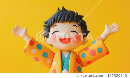 3D illustration of a boy wearing a colorful kimono and raising his arms in joy against a yellow background 125520240