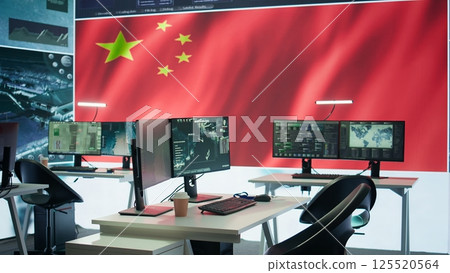 Military base of operations for the chinese government employed to spread misinformation about warfare tactics, fighting for communism ideology worldwide. Empty control center. Camera B. Military base of operations for the chinese government employed to spread misinformation about warfare tactics, fighting for communism ideology worldwide. Empty control center. Camera B. 125520564