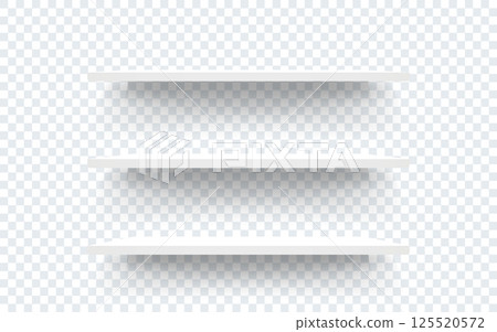 Shelves isolated on transparent background. Empty supermarket racks. White shelves for product display, interior design or showcase. Minimal and clean layout. Vector illustration Shelves isolated on transparent background. Empty supermarket racks. White shelves for product display, interior design or showcase. Minimal and clean layout. Vector illustration 125520572
