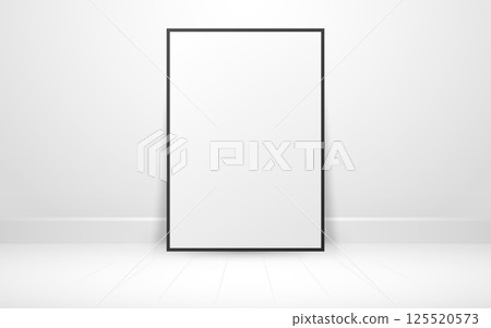 Frame mockup interior. Minimal poster standing on floor in clean room. White template for artwork, branding or presentation. Modern and elegant layout. Vector illustration 125520573