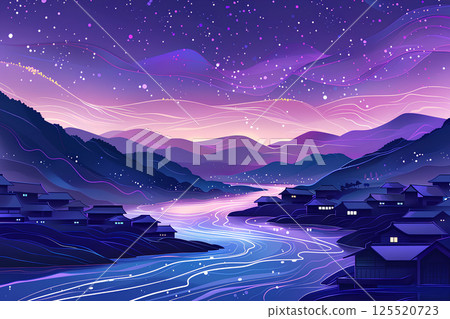 美麗的溫泉小鎮夜景圖 125520723