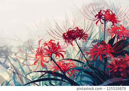 田野裡盛開的奇異紅蜘蛛百合的風景插圖 田野裡盛開的奇異紅蜘蛛百合的風景插圖 125520870