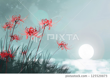 Landscape illustration of a fantastic red spider lily blooming in the field Landscape illustration of a fantastic red spider lily blooming in the field 125520873