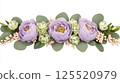 This floral arrangement showcases a beautiful blend of lavender roses, light green eucalyptus leaves, and blush pink peonies. The pastel colors create an elegant and fresh display, perfect for spring 125520979